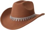 Women Rhinestone Sequin Fedora Cowboy Hat Boho Western Wide Brim Cowgirl Hats