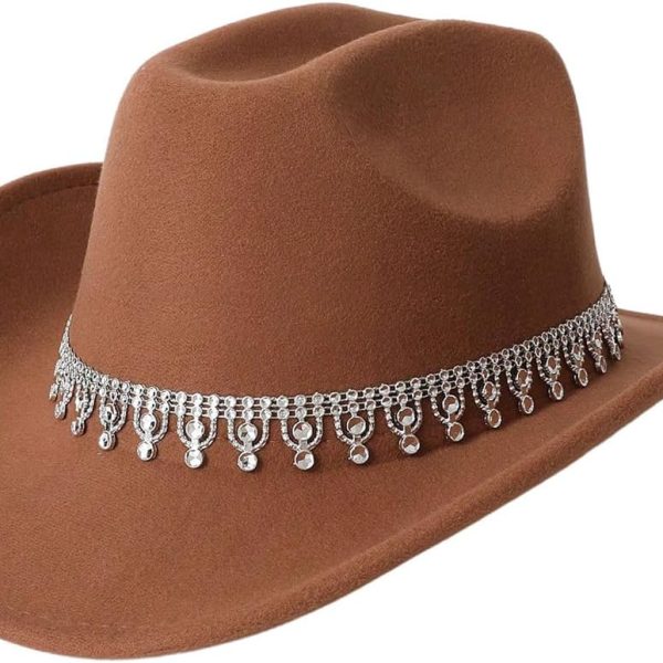 Women Rhinestone Sequin Fedora Cowboy Hat Boho Western Wide Brim Cowgirl Hats