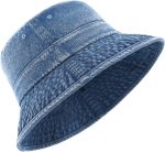 Oversized Denim Bucket Hat Fisherman Sun Hat with Chin Cord Washed Jean Packable Summer Travel Hat