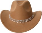 Women Fedora Cowboy Hat Wide Brim Rhinestone Rodeo Western Cowgirl Hat