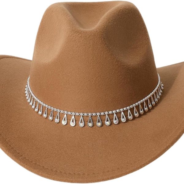 Women Fedora Cowboy Hat Wide Brim Rhinestone Rodeo Western Cowgirl Hat