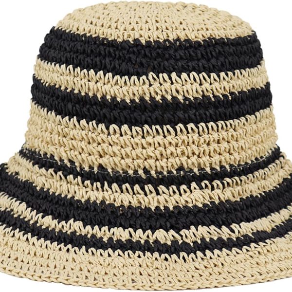 Women Hand-Woven Sun Hat UV Protection Crochet Straw Wide Brim Beach Hat Summer Foldable Bucket Hat Beige Black