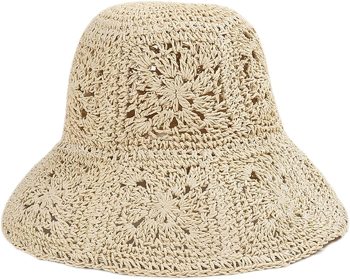 Women Straw Sun Hat Floral Woven Crochet Bucket Hat Aesthetic Accessories Beach Hat Hand Woven Boho Foldable Cap
