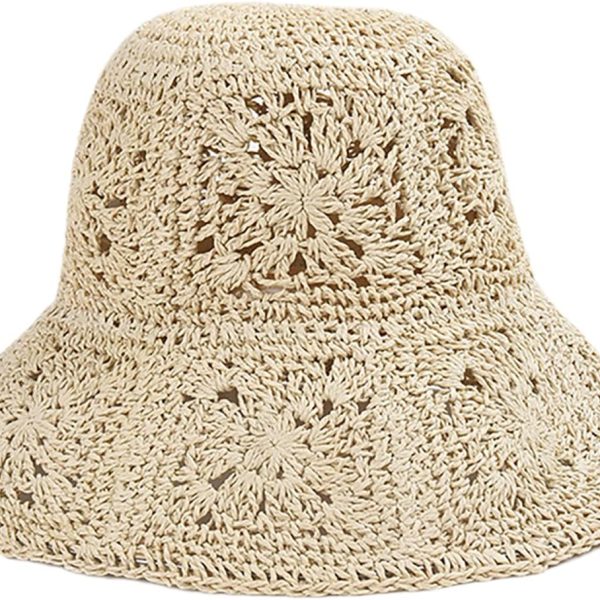 Women Straw Sun Hat Floral Woven Crochet Bucket Hat Aesthetic Accessories Beach Hat Hand Woven Boho Foldable Cap