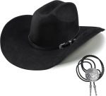 Western Cowboy Hat for Men Women Shapeable Wide Brim Felt Fedora Classic Cowgirl Hats for Cowboys and Cowgirls with Bolo Tie
