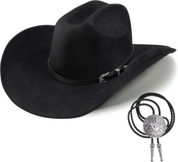 Western Cowboy Hat for Men Women Shapeable Wide Brim Felt Fedora Classic Cowgirl Hats for Cowboys and Cowgirls with Bolo Tie