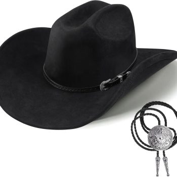 Western Cowboy Hat for Men Women Shapeable Wide Brim Felt Fedora Classic Cowgirl Hats for Cowboys and Cowgirls with Bolo Tie