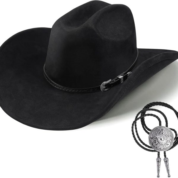 Western Cowboy Hat for Men Women Shapeable Wide Brim Felt Fedora Classic Cowgirl Hats for Cowboys and Cowgirls with Bolo Tie