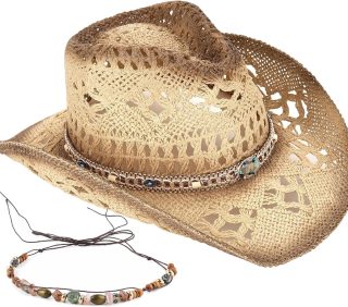 Men Women Straw Cowboy Hat Cowgirl Woven Sun Hat Western Cowboy Hat Two Decorative Bands