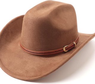 Western Cowboy Hats for Women Classic Felt Wide Brim Fedora Hat with Belt Buckle Retro Panama Hat Unisex Rolled Up Cap