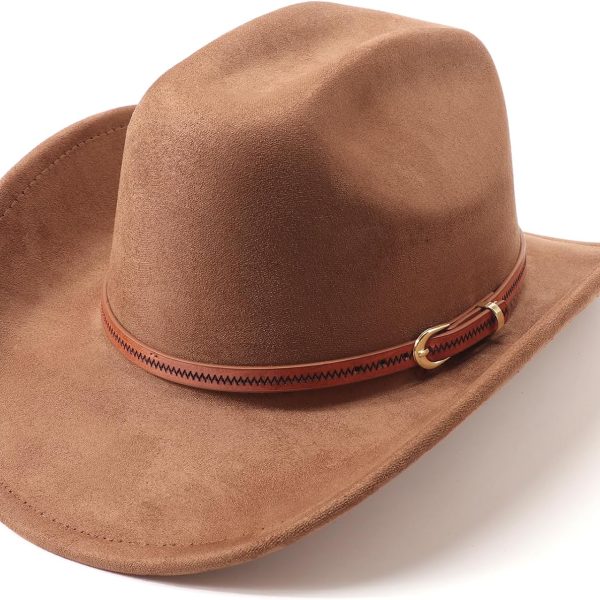 Western Cowboy Hats for Women Classic Felt Wide Brim Fedora Hat with Belt Buckle Retro Panama Hat Unisex Rolled Up Cap