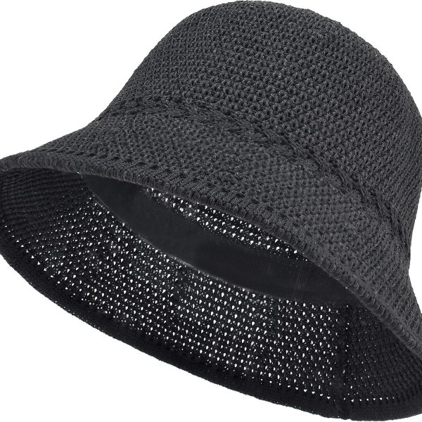 Women Crochet Bucket Hat Lightweight Packable Faux Straw Sun Hat UV Protective Summer Hat with Adjustable Fit Breathable Washable for Beach Travel Hiking Outdoor